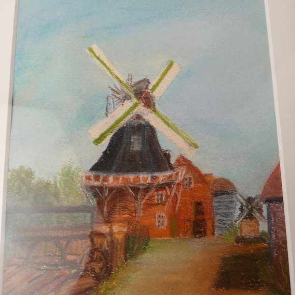 Vintage Windmill Artwork Landscape Colored Pencil Pastels Original Signed U Rabe - Picture 2 of 5